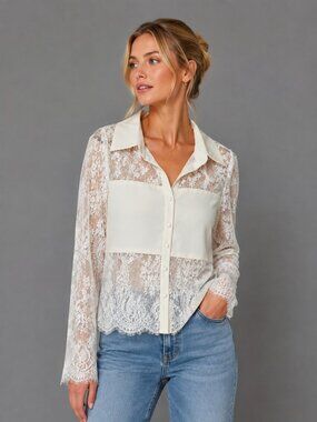 NWT The Noli Shop Vienna Lace Blouse White Sheer Button Front Top M